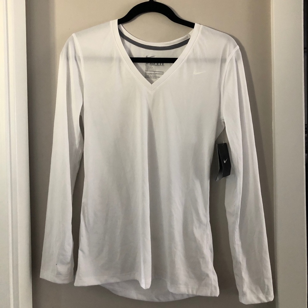 Nike dri-fit white long sleeve v-neck shirt